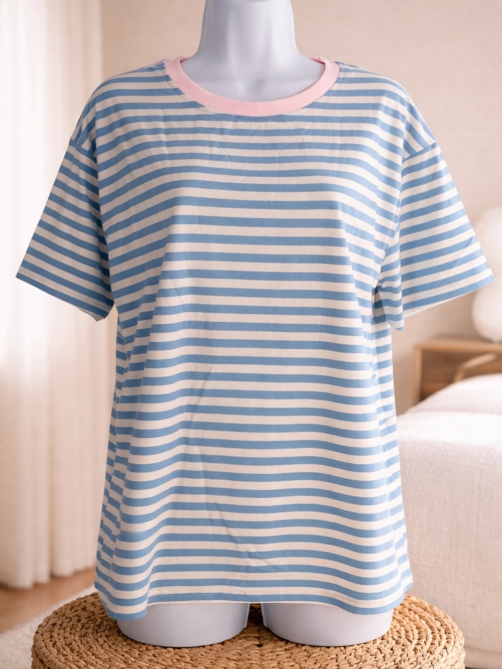 Striped Blue and White Tee with Pink Trim